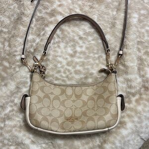 Coach Beige Signature Canvas Shoulder Bag with Cream Trim